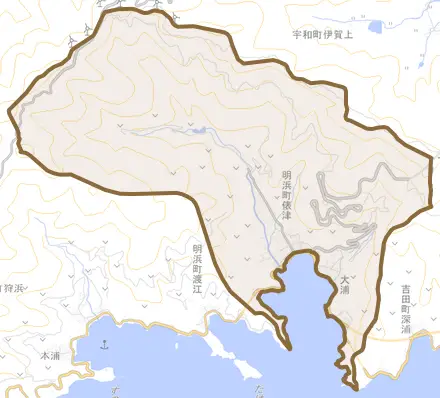 明浜町俵津とその周辺の地図。町の範囲を重ねている