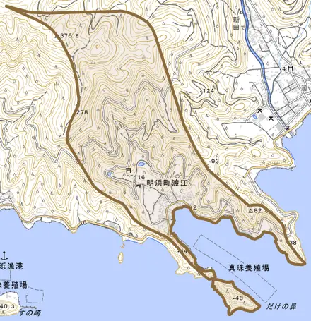 明浜町渡江とその周辺の地図。町の範囲を重ねている