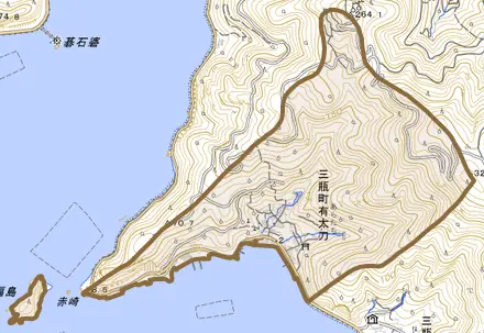 三瓶町有太刀とその周辺の地図。町の範囲を重ねている