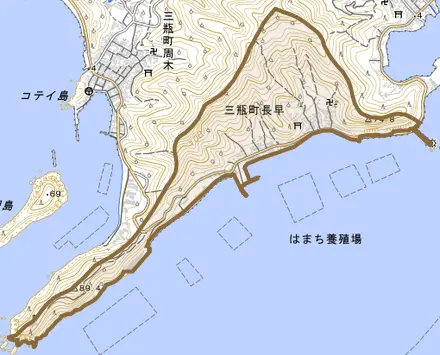 三瓶町長早とその周辺の地図。町の範囲を重ねている
