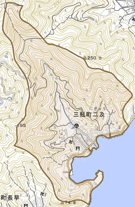 三瓶町二及とその周辺の地図。町の範囲を重ねている