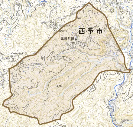 三瓶町鴫山とその周辺の地図。町の範囲を重ねている