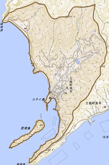 三瓶町周木とその周辺の地図。町の範囲を重ねている