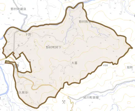 野村町阿下とその周辺の地図。町の範囲を重ねている