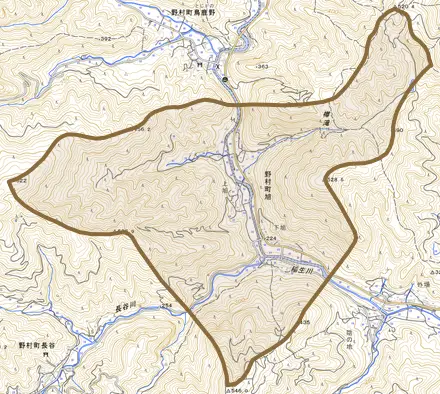 野村町旭とその周辺の地図。町の範囲を重ねている