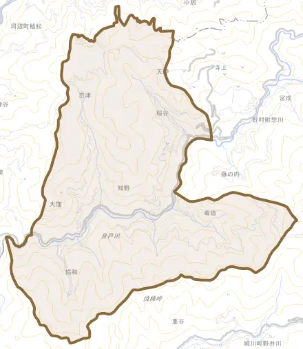 野村町舟戸とその周辺の地図。町の範囲を重ねている