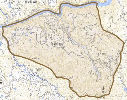 野村町釜川とその周辺の地図。町の範囲を重ねている