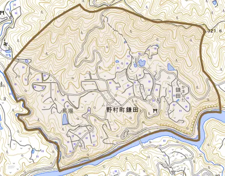 野村町鎌田とその周辺の地図。町の範囲を重ねている