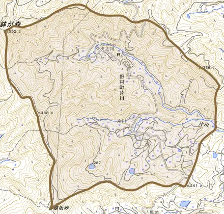野村町片川とその周辺の地図。町の範囲を重ねている