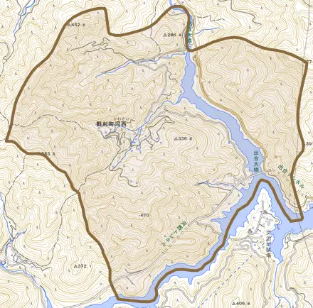 野村町河西とその周辺の地図。町の範囲を重ねている