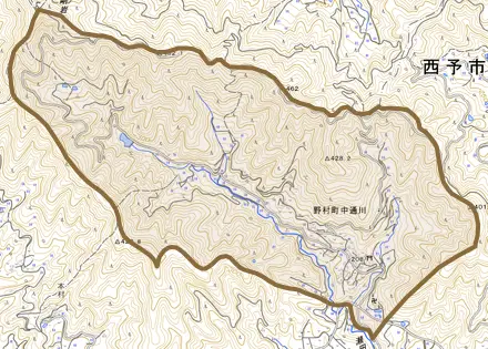 野村町中通川とその周辺の地図。町の範囲を重ねている