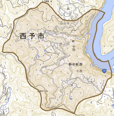 野村町西とその周辺の地図。町の範囲を重ねている