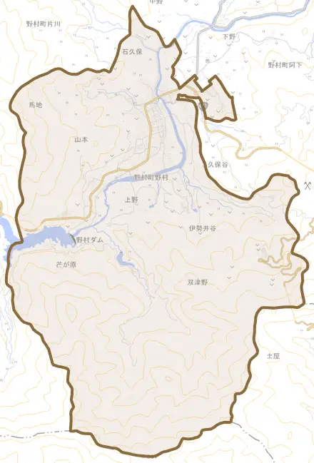 野村町野村とその周辺の地図。町の範囲を重ねている