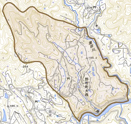 野村町大西とその周辺の地図。町の範囲を重ねている