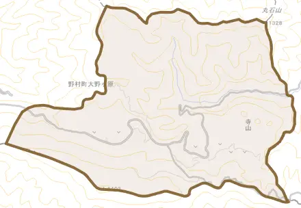 野村町大野ケ原とその周辺の地図。町の範囲を重ねている