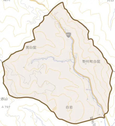 野村町白髭とその周辺の地図。町の範囲を重ねている