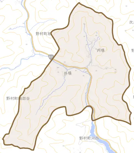 野村町四郎谷とその周辺の地図。町の範囲を重ねている