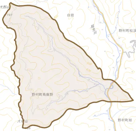 野村町鳥鹿野とその周辺の地図。町の範囲を重ねている