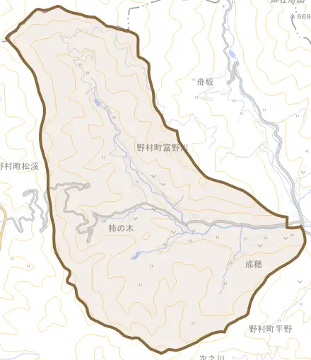 野村町富野川とその周辺の地図。町の範囲を重ねている