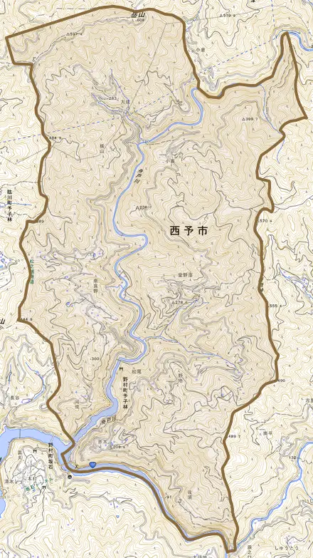 野村町予子林とその周辺の地図。町の範囲を重ねている