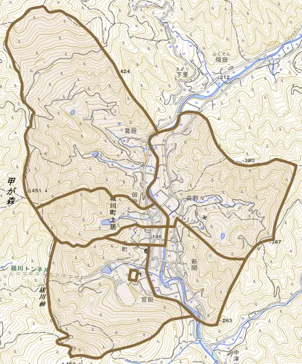 城川町土居とその周辺の地図。町の範囲を重ねている