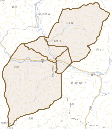 城川町古市とその周辺の地図。町の範囲を重ねている