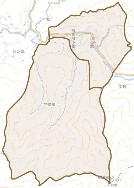 城川町下相とその周辺の地図。町の範囲を重ねている