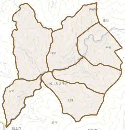 城川町遊子谷とその周辺の地図。町の範囲を重ねている