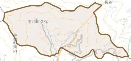 宇和町久保とその周辺の地図。町の範囲を重ねている