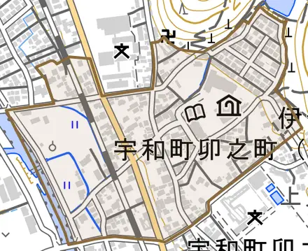 宇和町卯之町一丁目とその周辺の地図。町の範囲を重ねている