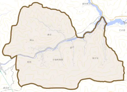宇和町明間とその周辺の地図。町の範囲を重ねている