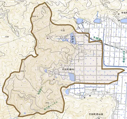 宇和町郷内とその周辺の地図。町の範囲を重ねている