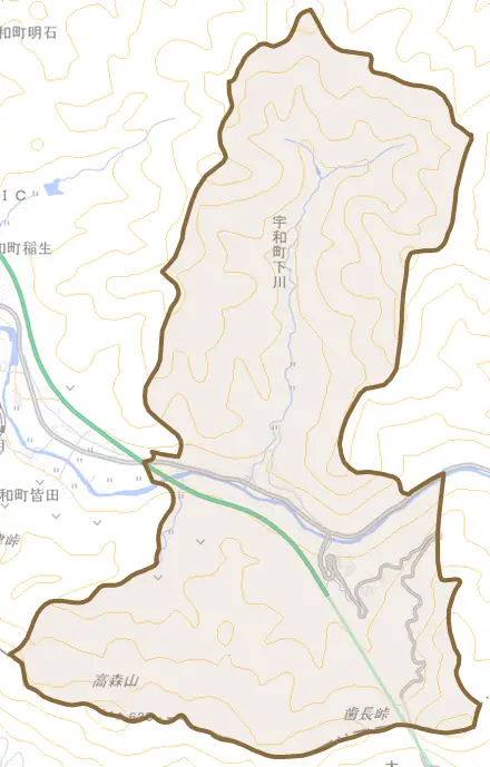 宇和町下川とその周辺の地図。町の範囲を重ねている