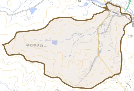 宇和町伊賀上とその周辺の地図。町の範囲を重ねている