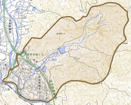 宇和町稲生とその周辺の地図。町の範囲を重ねている