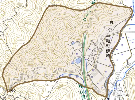 宇和町伊崎とその周辺の地図。町の範囲を重ねている