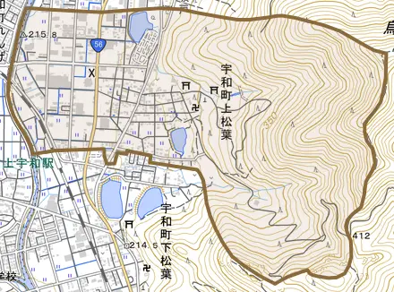 宇和町上松葉とその周辺の地図。町の範囲を重ねている