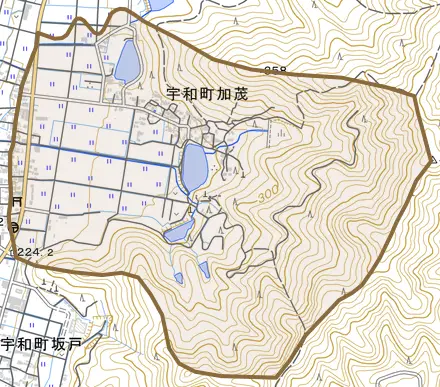 宇和町加茂とその周辺の地図。町の範囲を重ねている