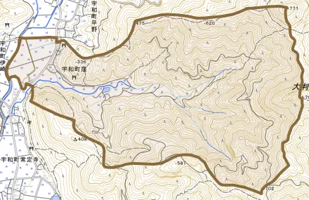 宇和町窪とその周辺の地図。町の範囲を重ねている
