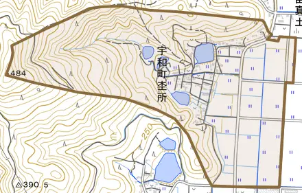 宇和町杢所とその周辺の地図。町の範囲を重ねている