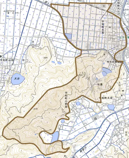 宇和町永長とその周辺の地図。町の範囲を重ねている