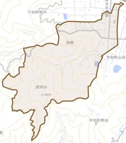 宇和町西山田とその周辺の地図。町の範囲を重ねている