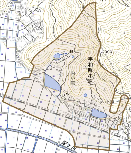 宇和町小原とその周辺の地図。町の範囲を重ねている