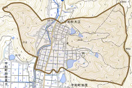 宇和町大江とその周辺の地図。町の範囲を重ねている