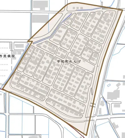 宇和町れんげとその周辺の地図。町の範囲を重ねている