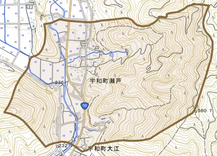 宇和町瀬戸とその周辺の地図。町の範囲を重ねている