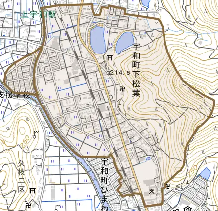 宇和町下松葉とその周辺の地図。町の範囲を重ねている