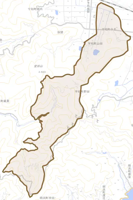 宇和町山田とその周辺の地図。町の範囲を重ねている
