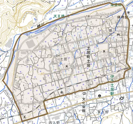 土居町土居とその周辺の地図。町の範囲を重ねている