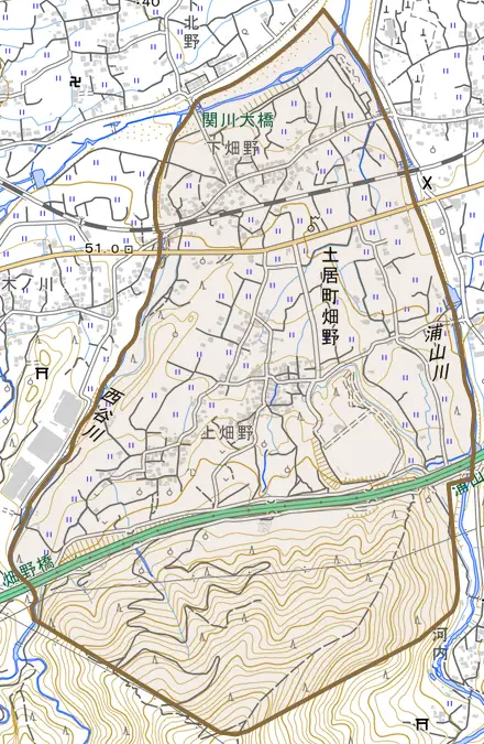 土居町畑野とその周辺の地図。町の範囲を重ねている